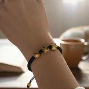 Gold Toned BEAR PAW Beaded BLACK Cord Pull Style BRACELET Unisex